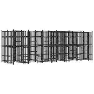 Chenil d’extérieur en acier noir pour chien – 6 chenils individuels modulables – Panneaux à barreaux – 576 x 192 x 200 cm – 11 m²