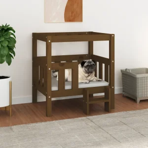 Lit en bois marron pour chien – 65x40x70 cm