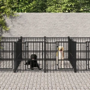 Chenil d’extérieur en acier noir pour chien – 4 chenils individuels modulables – Panneaux à barreaux – 388 x 193,5 x 100 cm – 7 m²